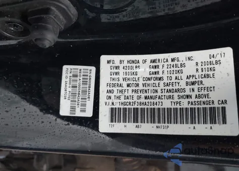 2017 Honda Accord Lx z USA, uszkodzony, nr VIN 1HGCR2F38HA208473